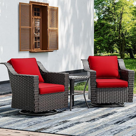 Joyside Wicker Patio Furniture Sets, 3 Pieces Upgraded Large Size Outdoor Furniture with 2 Patio Swivel Chairs and 1 Side Table, Thick Cushions, Wide Armrest