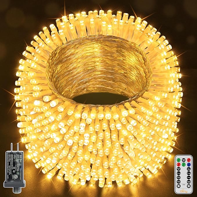 Ollny Christmas Lights Outdoor Waterproof, 1000LED 328FT Super Long String Lights with Remote 3 Timer, Plug in 8 Modes Fairy Light for Outside House Bedroom Xmas Decorations, Warm White