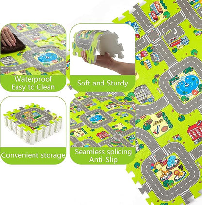 Baby Play Mats for Floor, Foam Play Mat, Interlocking Foam Tiles City Road Track Puzzle Mat 9 Pieces