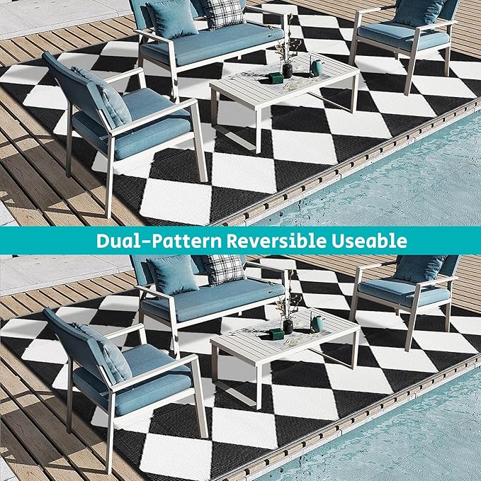 HEBE Outdoor Rug Waterproof 9x12, Reversible Plastic Straw Rug RV Camping Rug, Indoor Outdoor Patio Mat Clearance, Outside Carpet for Porch,Deck,Camper,Balcony,Backyard,Picnic