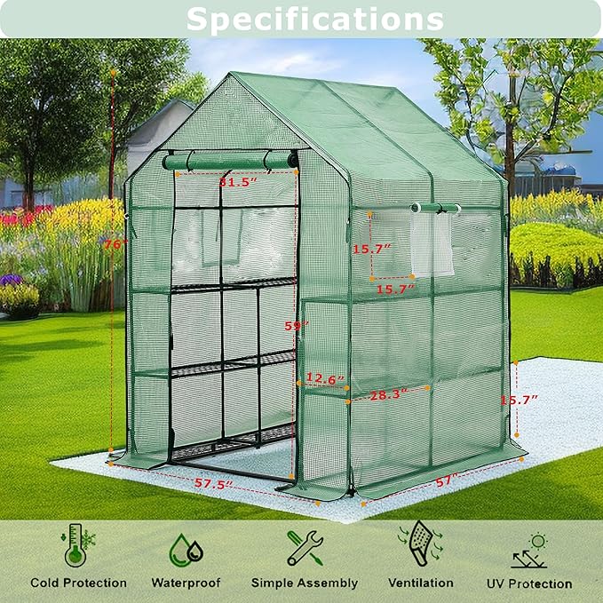 Walk-in Greenhouse for Outdoors, Thickened PE Cover & Heavy Duty Powder-Coated Steel, Mesh Door & Screen Windows, 14 Sturdy Shelves 4.7x4.7x6.4 FT, (GHW002G)