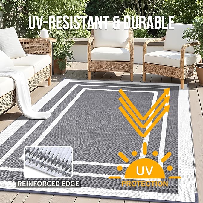 OLANLY Outdoor Rug 8x10 ft Waterproof, Reversible Outdoor Plastic Straw Rug, RV Mat, Indoor Outdoor Carpet Clearance for Patio, Camping, Balcony, Deck, Backyard, Grey & White