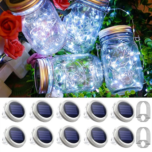 Mason Jar Solar Lights 30 LED, 10 Pack Hanging Solar Lanterns Outdoor, Waterproof Fairy Lights for Patio Garden, Wedding, Yard - Cool White
