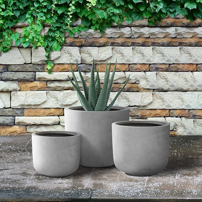 Kante 13",11",9" Dia Natural Concrete Round Planters (Set of 3), Outdoor Indoor Modern Planter Pots, Lightweight, Weather Resistant, Seamless with Drainage Hole