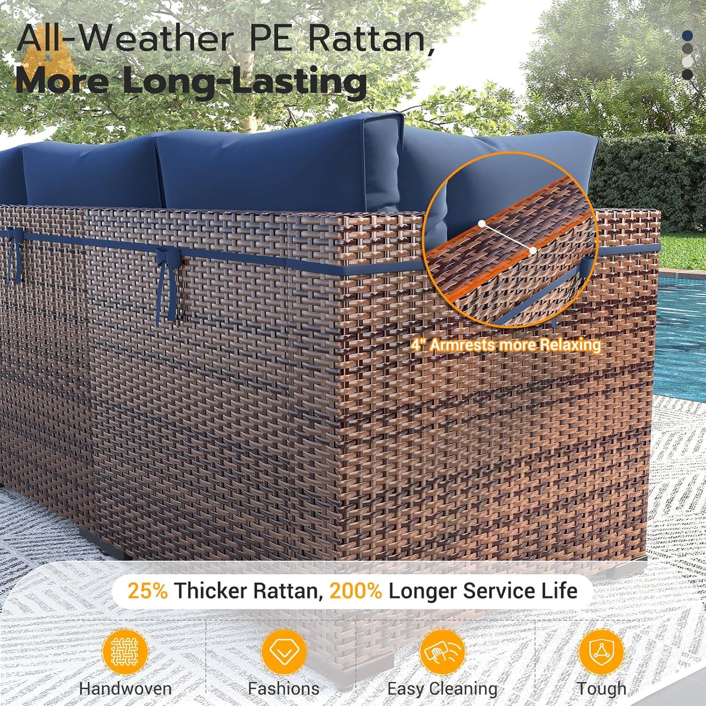 UDPATIO Patio Furniture Set, 5 Piece Outdoor Sectional Modular Sofa with 4'' Thickened Cushions, Wicker Outdoor Furniture Conversation Sets with Waterproof Cover for Deck Backyard(Brown/Navy Blue)