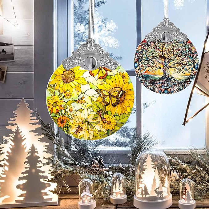 Stained Glass Suncatcher, Jocidea Sunflower and Butterfly Decor, Christmas Ornament, Holidays Ornaments, Christmas Tree Ornament, Sunflower and Butterfly Gifts