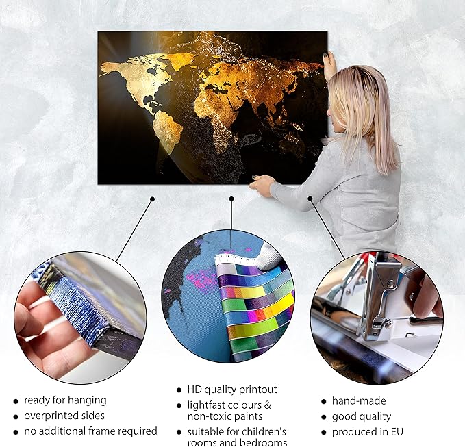 artgeist Textured Canvas Wall Art World map 35x24 in - 1pcs Painting Canvas Prints Picture Artwork Image Framed Contemporary Modern Wall Home Map Continent Sun Abstract k-C-10000-b-a