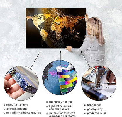 artgeist Textured Canvas Wall Art World map 35x24 in - 1pcs Painting Canvas Prints Picture Artwork Image Framed Contemporary Modern Wall Home Map Continent Sun Abstract k-C-10000-b-a