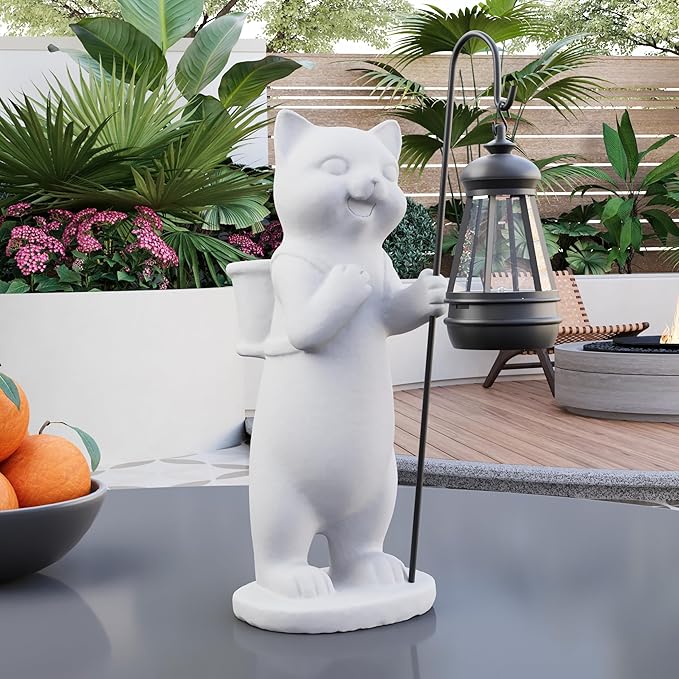 Solar Powered Garden Resin Statue Lights, 10 Inch Waterproof Outdoor Animal Cute Cat Figurine Lights, Suitable for Patios, Balconies, Lawns, Courtyards, Etc (Basket)