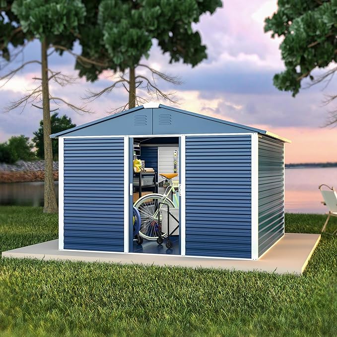 Metal Outdoor Storage Shed 10FT x 10FT, Steel Utility Tool Shed Storage House with Sliding Door, Metal Sheds Outdoor Storage for Backyard Garden Patio Lawn, Blue