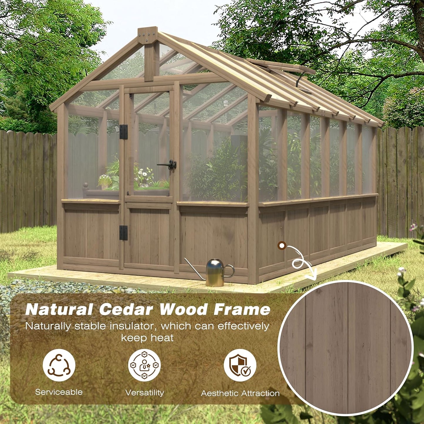 BlueWish 6x12FT Greenhouse, Wood Greenhouses with 6MM Thick Polycarbonate, Adjustable Vent, Cedar Frame, Greenhouse for Outside, Garden, Backyard,Light Brown Mocha