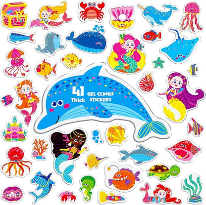 41PCS Marine World Jelly Stickers, Mermaid and Ocean Creatures Thick Window Door Decors Removable Reusable Gel Clings Decals for Kids Toddlers Kids Home Classroom Animal Party Supplies (Not Edible)