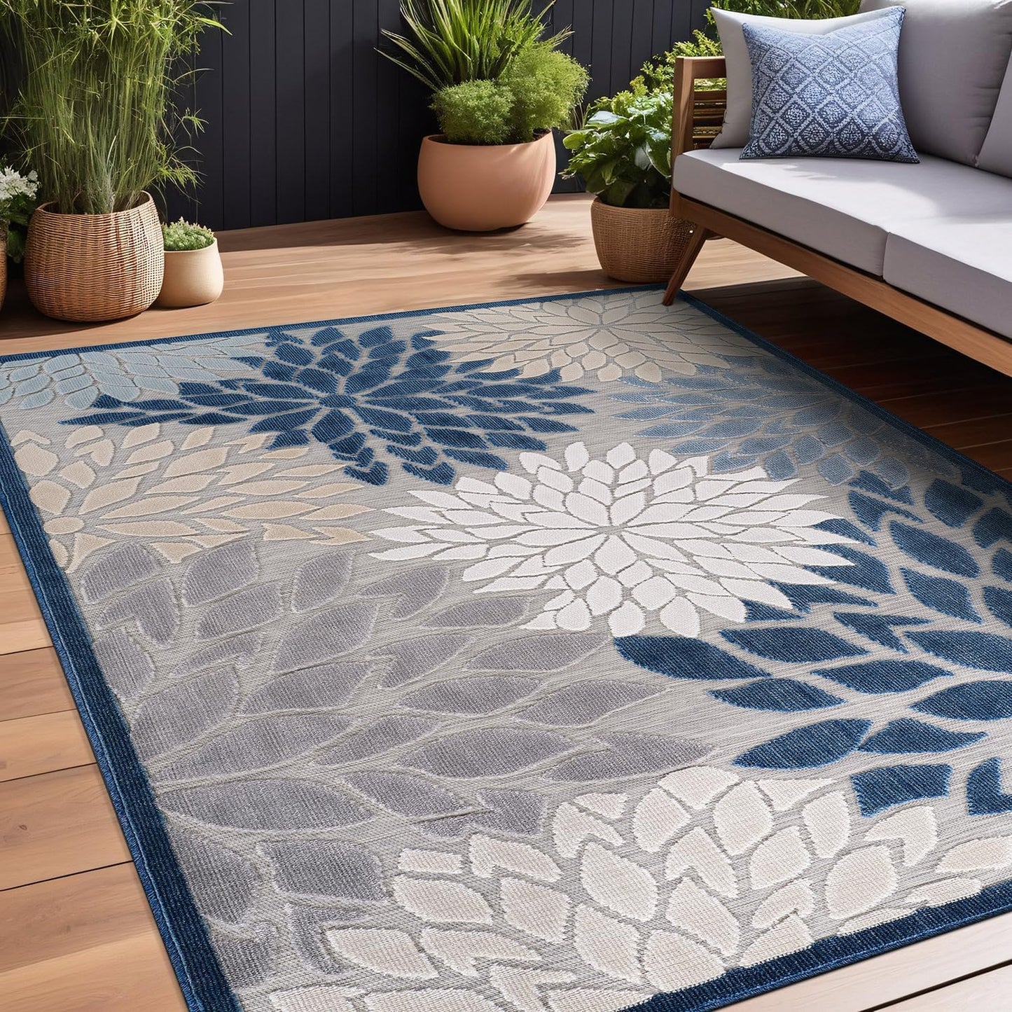 Beverly Rug Outdoor Rug 10x14 Large Modern Floral Tropical Area Rugs for Indoor and Outdoor Patio Easy to Clean Non Shedding Living Room Porch Garden Washable Outside Carpet (10 x 14 Blue)