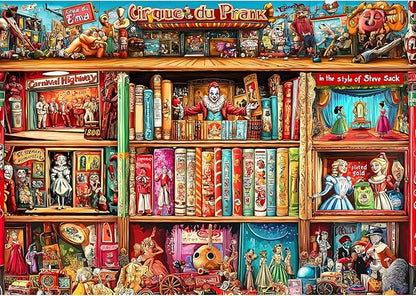 Circus Bookshelf Puzzles for Adults 1000 Pieces Colorful Vintage Artwork Jigsaw Puzzles with Letters on Back Hard Impossible Difficult Challenging Funny Family Puzzle (27.5"x19.6")