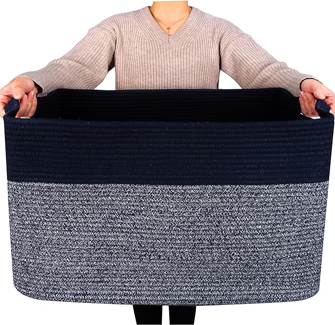 MINTWOOD Design 22in Extra Large Blanket Basket Holder for Living Room, Rectangle Rope Woven Storage Bin with Handles for Laundry, Pool Towels, and Shoes, Dog Toy Box Organizer, Navy Blue