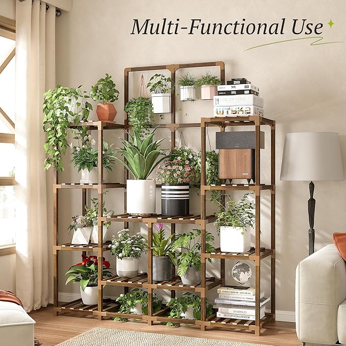 EnHomee Large Plant Stand Indoor Outdoor Wood Tiered Plant Shelf for Multiple Plants 6 Tiers with 12 Potted Plants Holder Tables 44.9" W x 11.8" D x 62.2" H