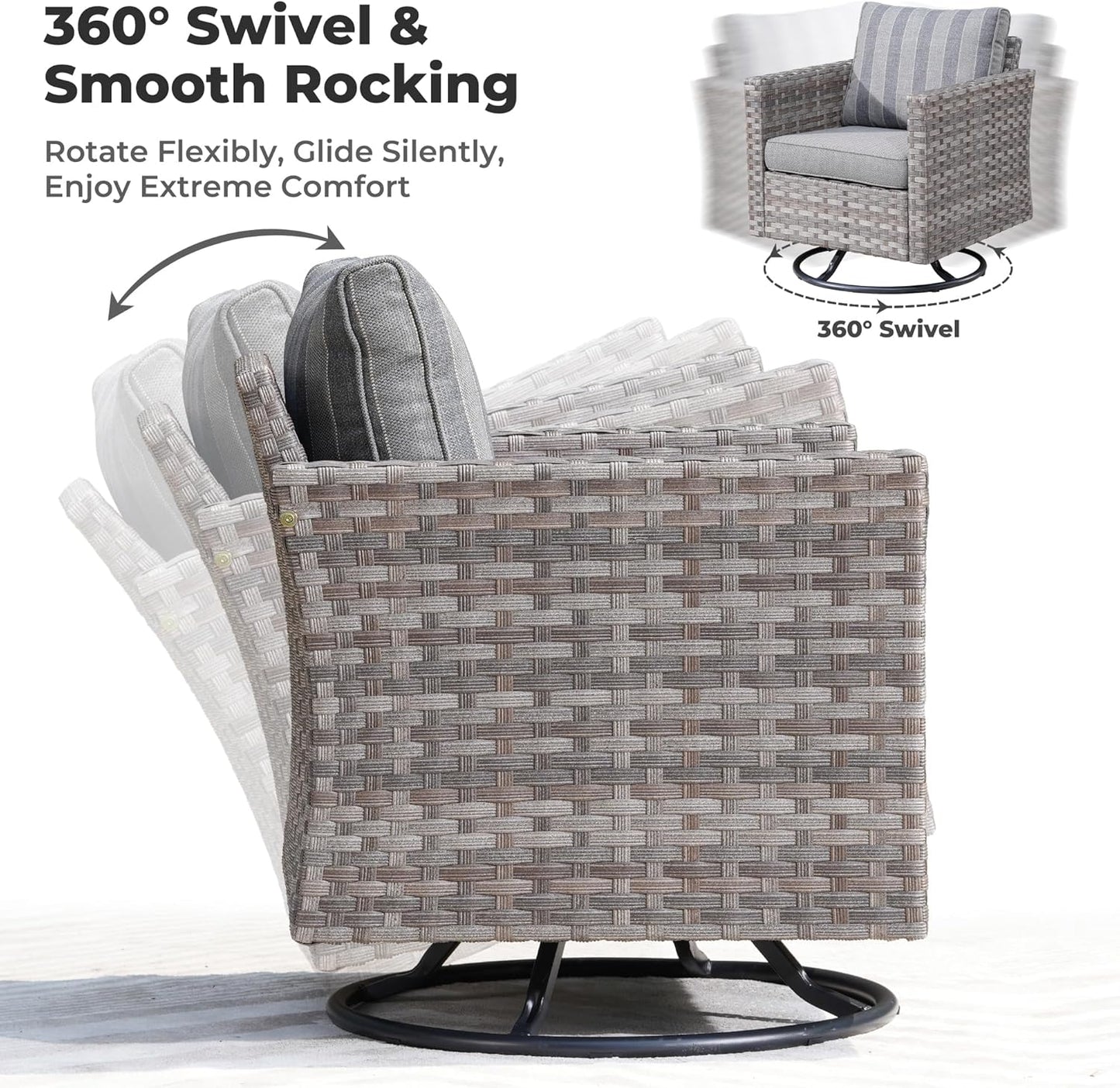 ovios 10 Pieces Patio Furniture Set, Outdoor Wicker Sectional Sofa with 42" Fire Pit Table Swivel Chairs, Modern Modular Deep Seat Rattan Couch Conversation Sets, Dark Gray Stripe