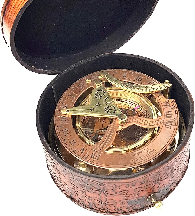 Brass Nautical - Antique Brass & Copper Sundial Compass, Sundial Clock in Box Gift Sun Clock Ship Replica Watch
