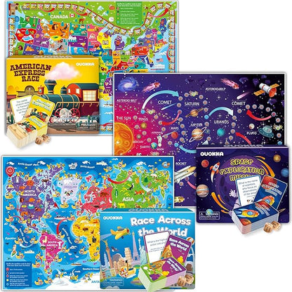 QUOKKA 3X Set Learning Board Games for Kids 6-8 - Educational Trivia Cards Ages 8-12 - Travel United States - World Map - Explore Outer Space - Gift for Children and Teens 4-8 - Floor Puzzles
