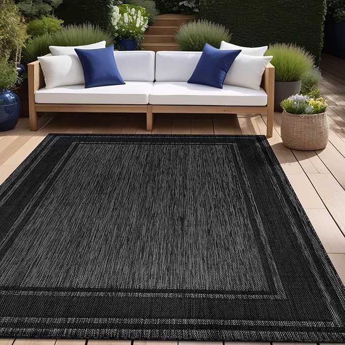 Beverly Rug Outdoor Rug 8x10 Modern Bordered Area Rugs for Indoor and Outdoor Patio Deck Porch Garden Waterproof Weather Sun Resistant Washable Outside Carpet (8 x 10 Black)