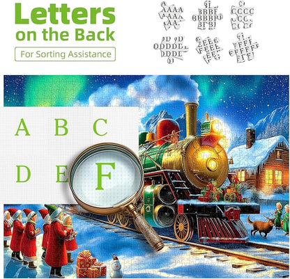 Christmas Train 1000 Piece Puzzle for Adults - Vintage Winter Holiday Jigsaw Puzzles with Northern Lights Scene - Challenging Adult Christmas Puzzles for Game Night, Seasonal Decor