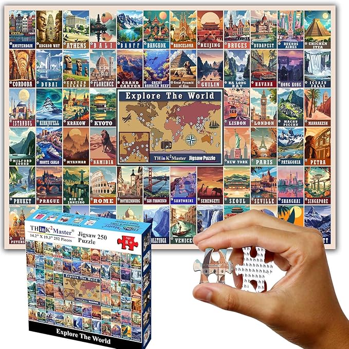 Think2Master Colorful Vintage World Destinations 250 Pieces Jigsaw Puzzle. Fun Educational Toy for Kids, School & Families. Great Gift for Ages 8+ Great Gift for Interested in Traveling 14.2” X 19.3”