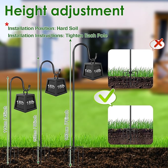 XDW-GIFTS Bird Feeder Pole for Outdoor, 76 Inch Shepherds Hooks Heavy Duty Garden Pole for Hanging Plant Basket, Solar Light Lanterns, Garden Plant Hanger Stands with 5 Base Prongs