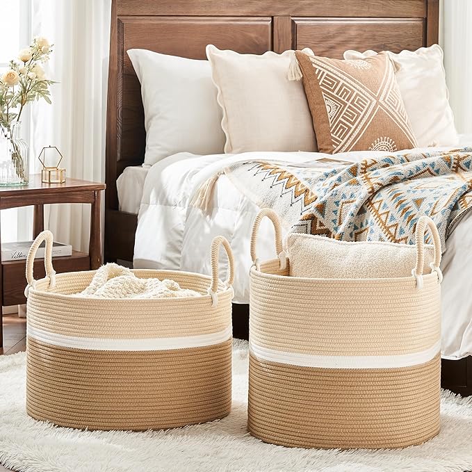 KAKAMAY Large Blanket Basket (20"x13"),Woven Baskets for storage Baby Laundry Hamper, Cotton Rope Blanket Basket for Living Room, Laundry, Nursery, Pillows, Baby Toy chest (White and Brown)