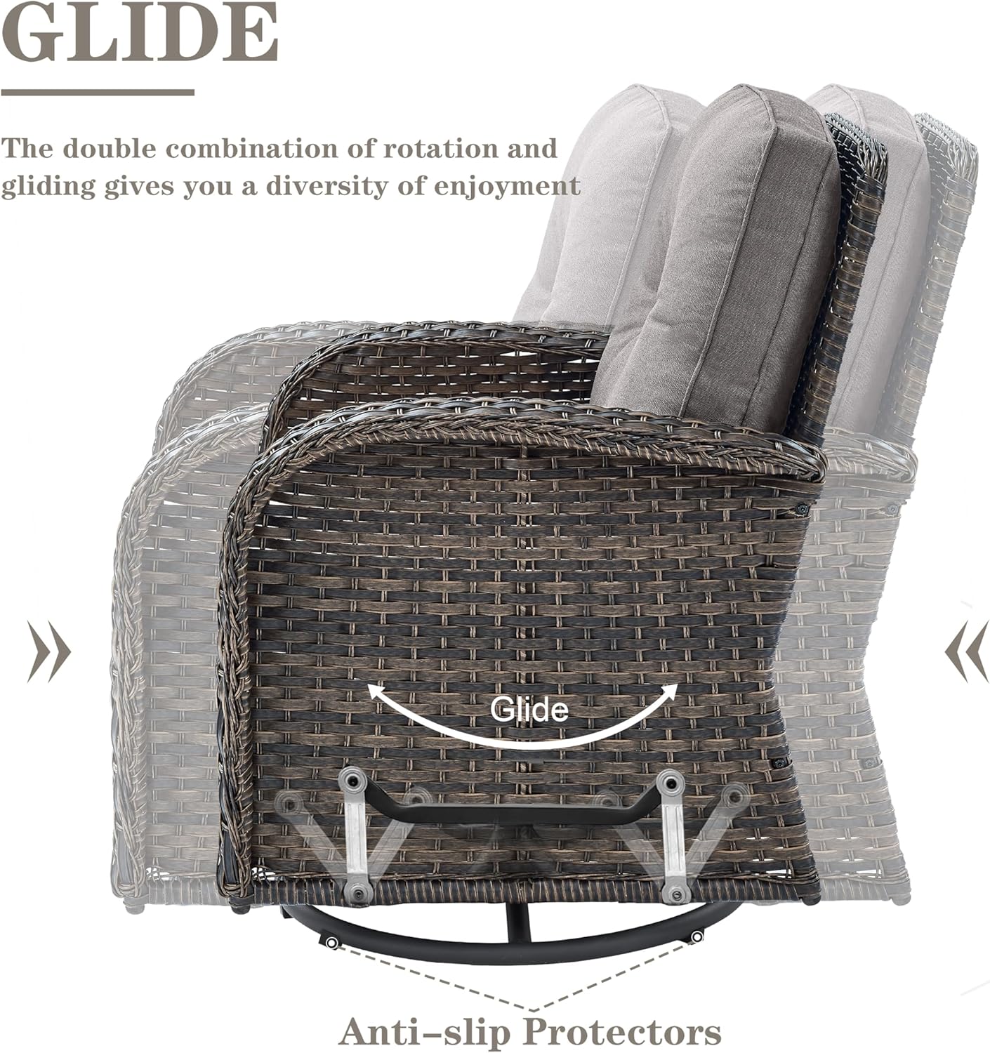 Small Conversation Sets Patio Funiture - 5 Piece Outdoor Swivel Rocker Wicker Furniture Sets with Ottomans Side Table Perfect for Patio Deck Backyard, Brown Wicker Grey Cushion