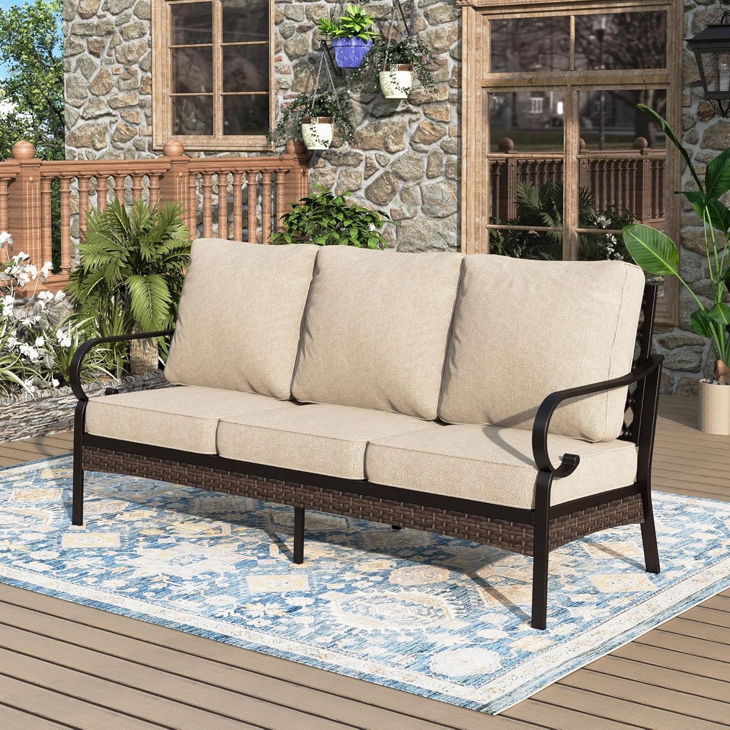 Patio Furniture Sofa, 3-Seat Patio Sofa Steel Frame Outdoor Sectional Couch with Deep Seating and 5.75” Cushions for Lawn Backyard Porch Deck, Beige