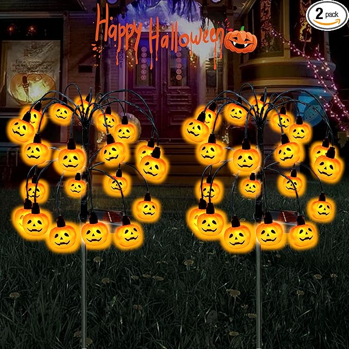 Halloween Decorations, 2 Pack 40LED Solar Halloween Pumpkin Lights Outdoor Waterproof Halloween Solar Garden Lights Swaying Firefly Lights for Yard Garden Patio Party Decor Orange