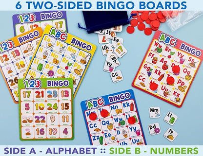 Party Hearty Alphabet and Number, ABC and 123 Bingo Board Game for Kindergarten and Preschool Kids Learn to Read Fun 2 Versions for Ages 4 and Up (Food Edition)