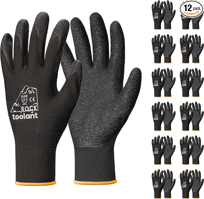 toolant Crinkle Latex Work Gloves Bulk, Rubber Coated Safety Work Gloves for Men and Women, 12 Pairs for Construction, Gardening, Warehouse (Black, Large)