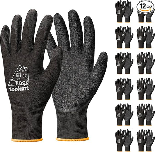 toolant Crinkle Latex Work Gloves Bulk, Rubber Coated Safety Work Gloves for Men and Women, 12 Pairs for Construction, Gardening, Warehouse (Black, Large)