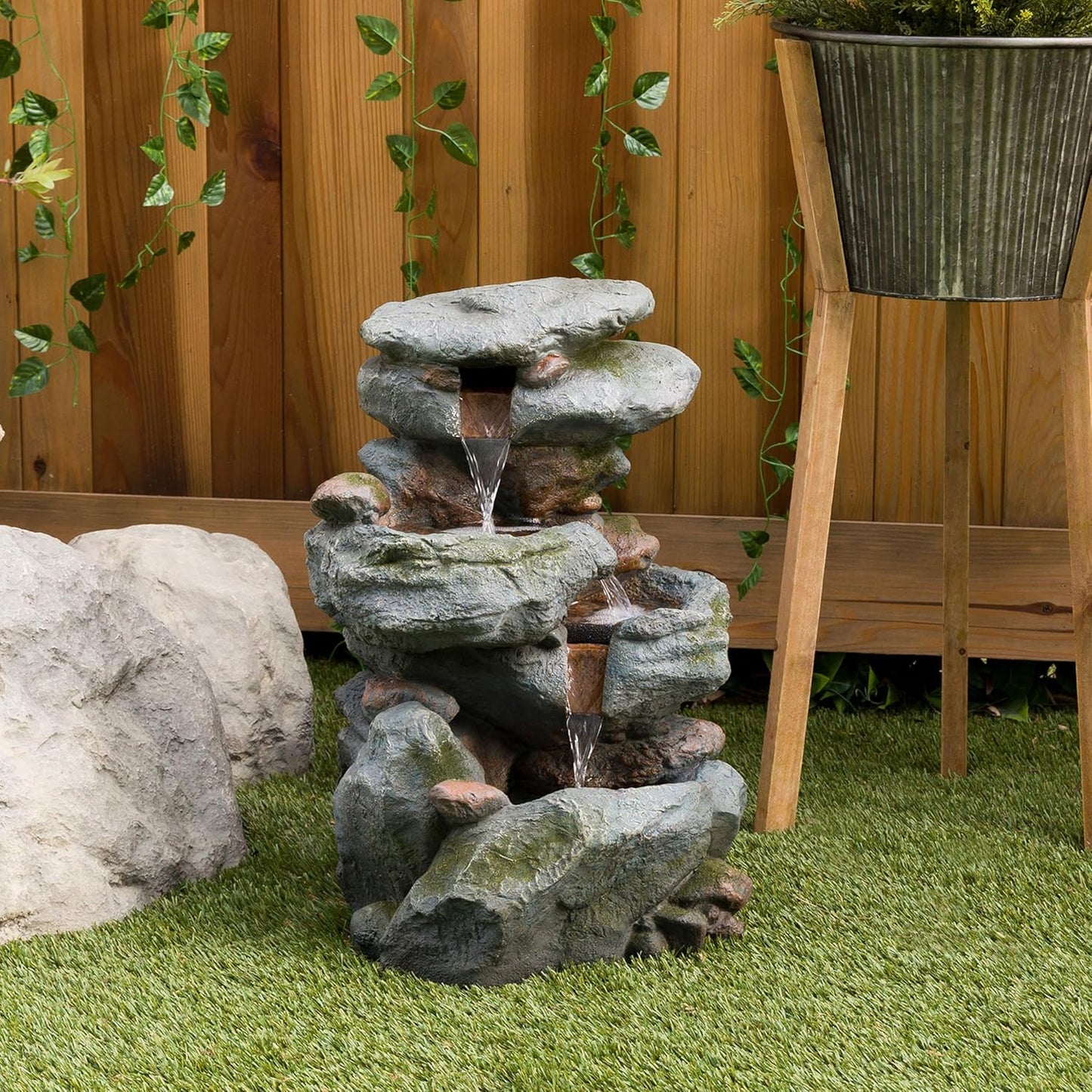Alpine Corporation WIN582 22" Outdoor 3-Tier Rock Waterfall Fountain with LED Lights for Garden, Patio, Yard, and Porch Decor, Natural Stone Look, Gray