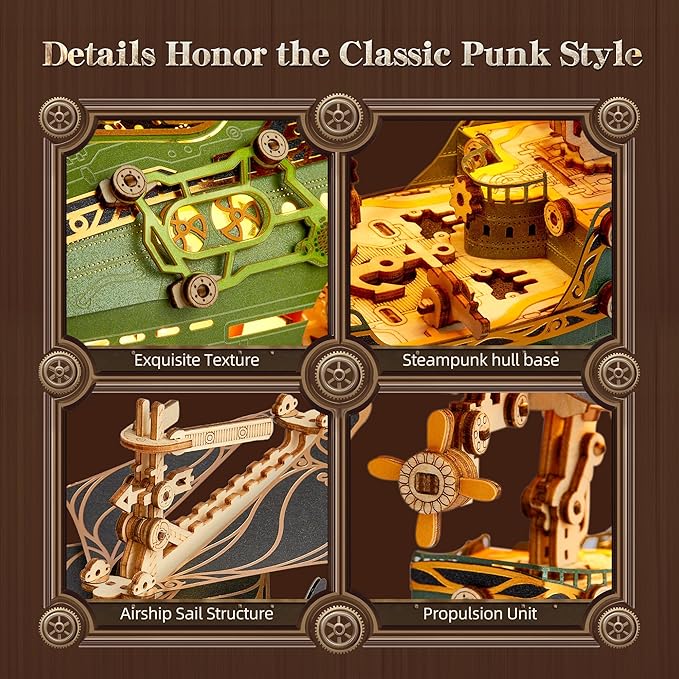 LED 3D Wood Puzzle Fantasy Airship Model - Steampunk DIY Craft Kit with LED Lights – Intricate Wooden Airship Model Building Set for Teens and Adults(Green)