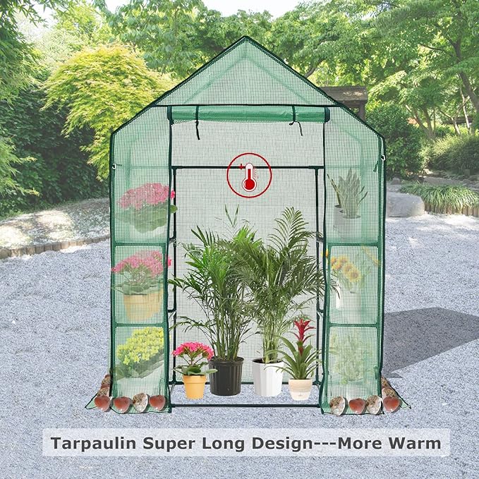 Walk-in Greenhouse for Outdoors w/ Mesh Side Windows, 3 Tiers 6 Shelves PE Cover Green House Portable Warm House for Seedling Flowers Growing 20 Pcs T-Type Plant Tags Include (GHW001G)