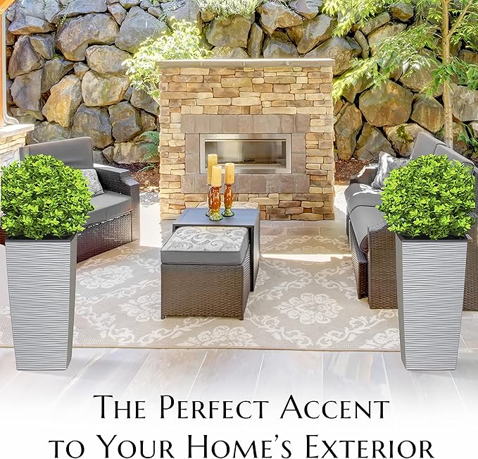 Mueller M-Resin Heavy Duty Tall Planter, Indoor/Outdoor Grande Plant, Tree, Flower Pot, 2-Piece Set, 24”, Modern Design, Built-in Drainage, Light Gray