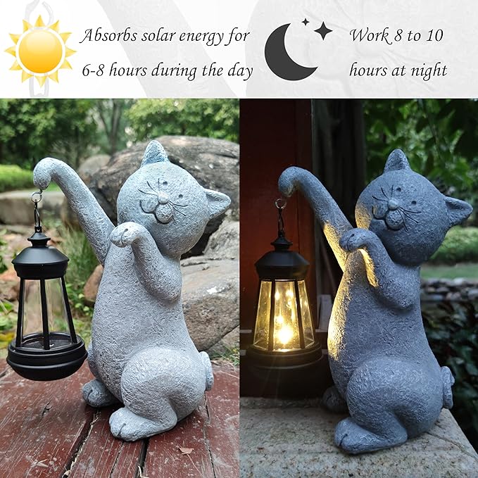 Cat Solar Garden Statues,Resin Cat Figurine Decorations with Solar Lights Lantern, Outdoor，Statue Decor Art for Lawn,Yard,Unique Housewarming Gift for Garden Home