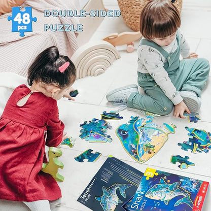 HAS Happiness and Surprise Floor Puzzles for Kids Ages 3-8, Double-Sided Shark Shape Puzzle, Ocean World Puzzles, 48 Pieces Children Jigsaw Puzzle for Boys and Girls Gifts