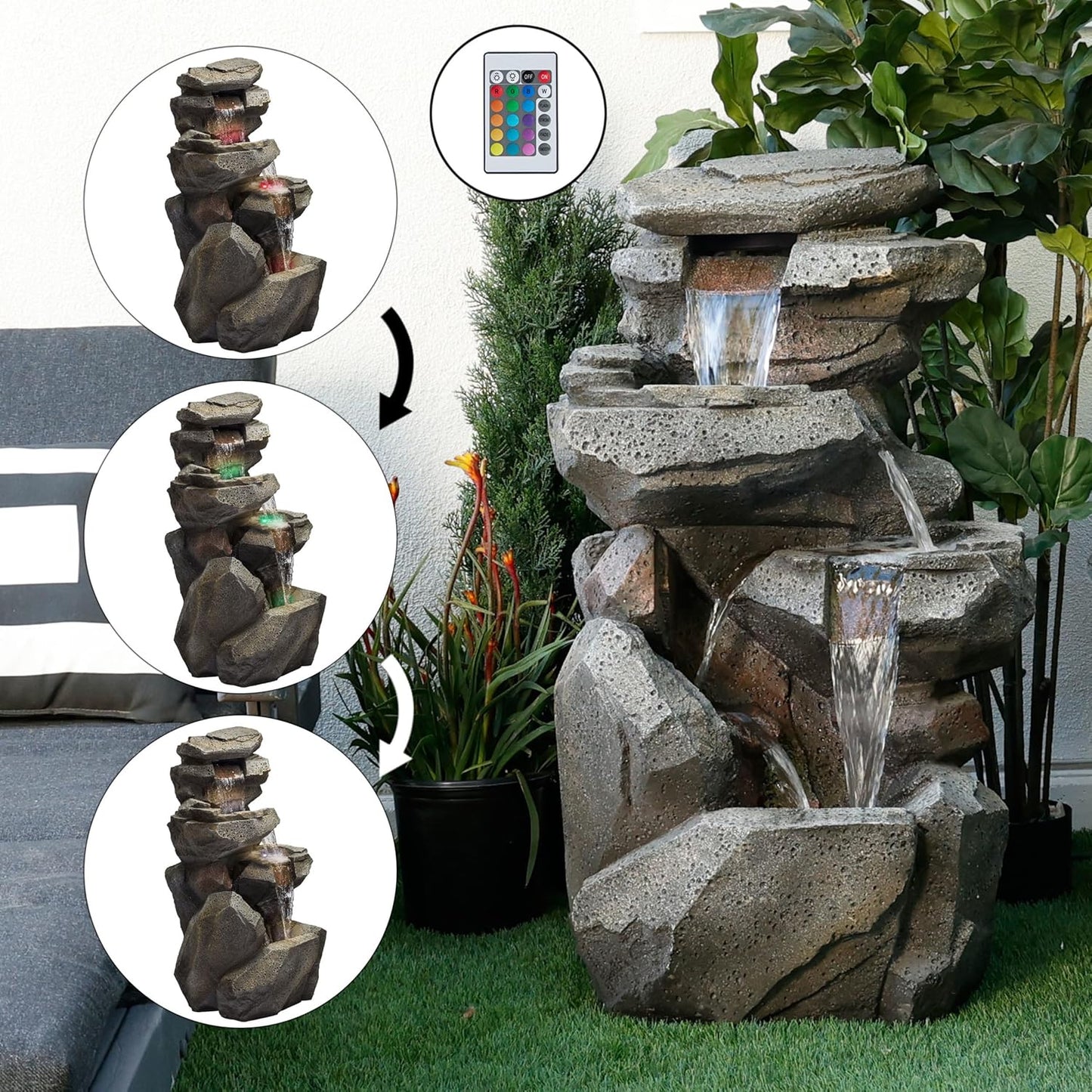 Alpine Corporation WIN1184 40" 3-Tier Outdoor Rock Waterfall Floor Fountain with Color-Changing LED Lights, Cascading Water Feature for Gardens, Patios, and Yards, Gray