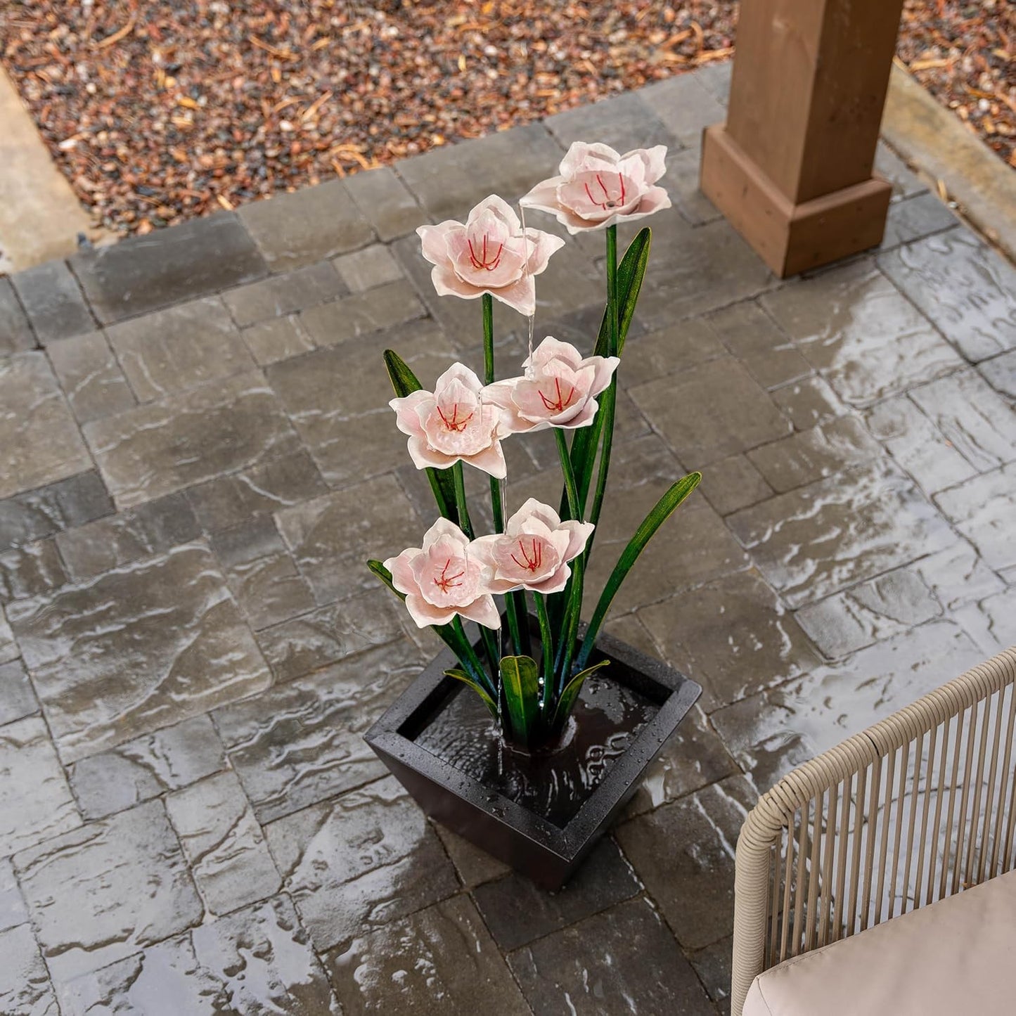 XBrand Freestanding Sculptural Metal Multi-Tiered Flower Water Fountain, w/LED Lights, Multicolored, 39" Tall