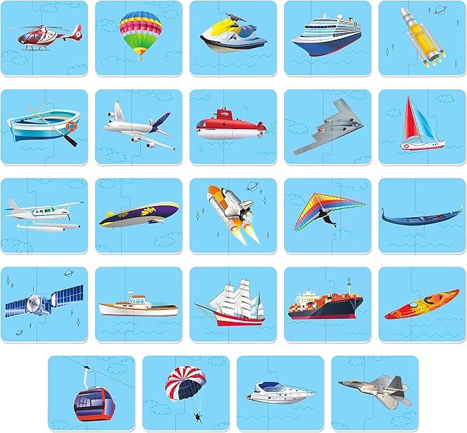 48 Vehicle Matching Puzzles with Error-Correction Mechanism Pre-Primer in 2 Pieces, Perfect for Preschool Learning (24 Blocks Double Sided)