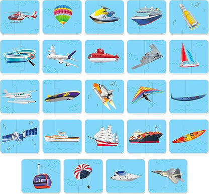 48 Vehicle Matching Puzzles with Error-Correction Mechanism Pre-Primer in 2 Pieces, Perfect for Preschool Learning (24 Blocks Double Sided)