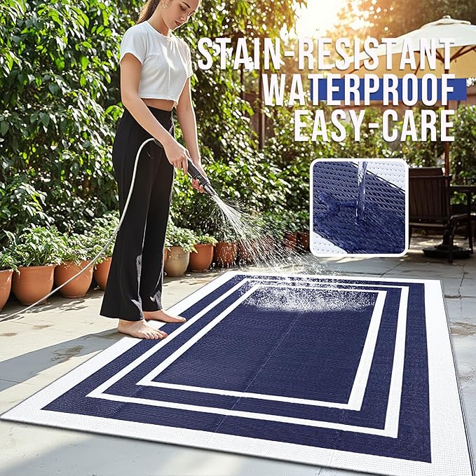OLANLY Outdoor Rug 5x8 ft Waterproof, Reversible Outdoor Plastic Straw Rug, RV Mat, Indoor Outdoor Carpet Clearance for Patio, Camping, Balcony, Deck, Backyard, Navy & White
