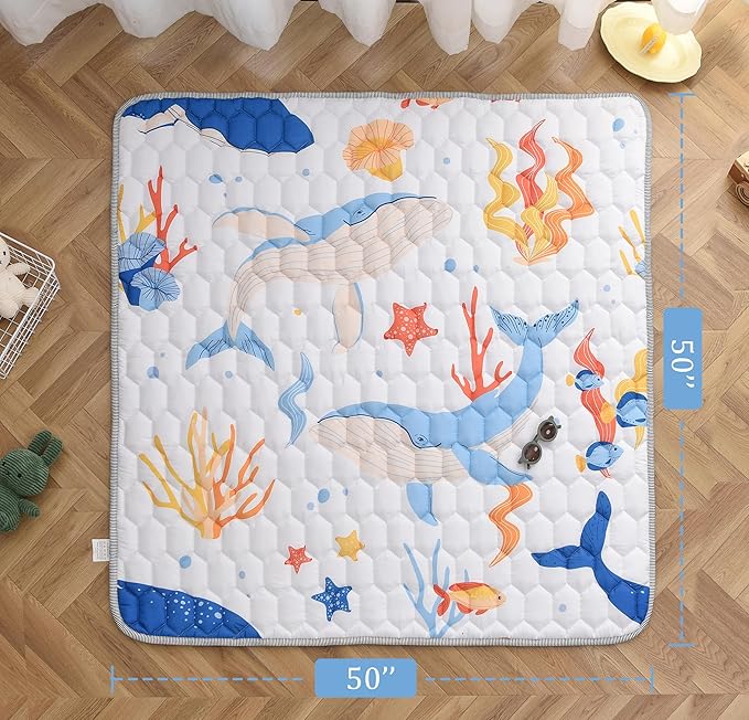Baby Play Mat 50x50 Inch, Thickened Soft Floor Mat for Playpen, Machine Washable Foam Crawling Mat with Non-Slip Bottom for Babies and Toddlers, Foldable Padded Playmat