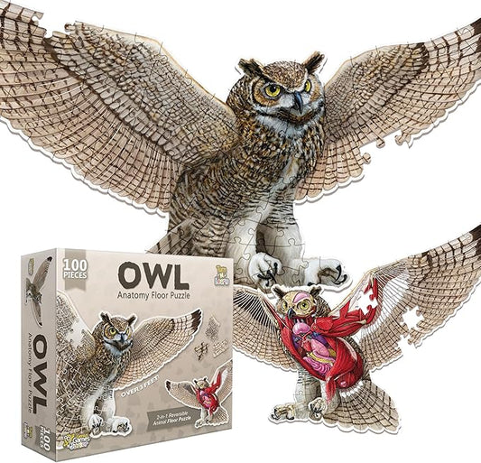 Owl Animal Anatomy Floor Puzzle | 100-Piece Double Sided Jigsaw Puzzle | Large-Sized, Over 3 Feet Scientifically Accurate Illustration - Fun and Educational Toy for Kids, Toddlers and Families