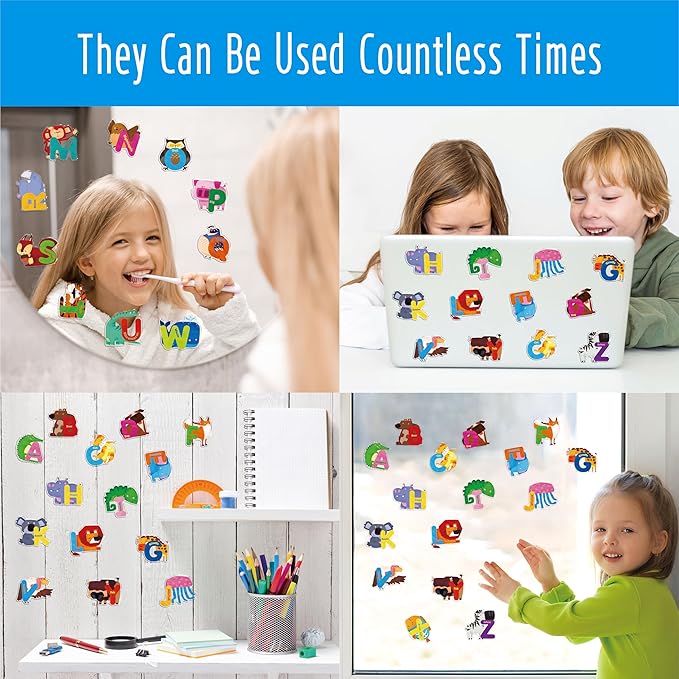 26PCS Alphabet Animal Jelly Stickers, Thick Window Door Clings Removable Reusable Letter Gel Clings Decals for Kids Toddlers Adults Home Classroom Animal Theme Party Supplies Decors (Not Edible)