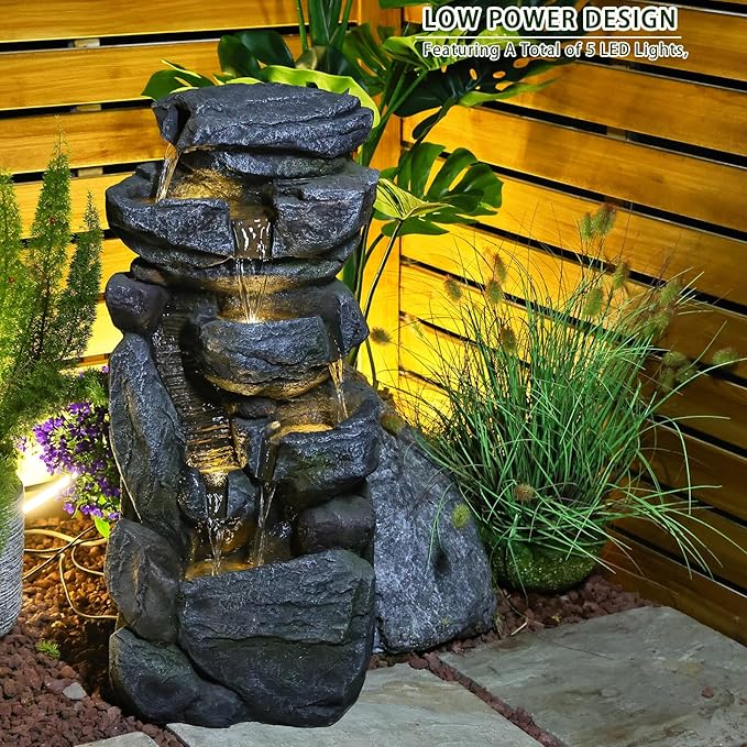 Water Features Outdoor Patio 6-Tier Cascading Rock Water Fountain 31.5''Water Fall Fountain Outside Resin Fountain with Light Mossy Rock Floor Garden Fountain Indoor for Relaxation Home Decor