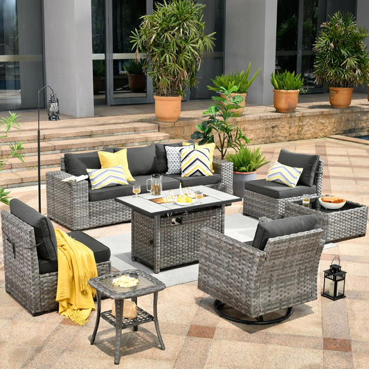 HOOOWOOO 9 Piece Modular Patio Outdoor Sectional Furniture Set with Large Propane Fire Pit Table,Wicker Conversation Sofa Set with Swivel Chairs,Outside Couch Set(Black)
